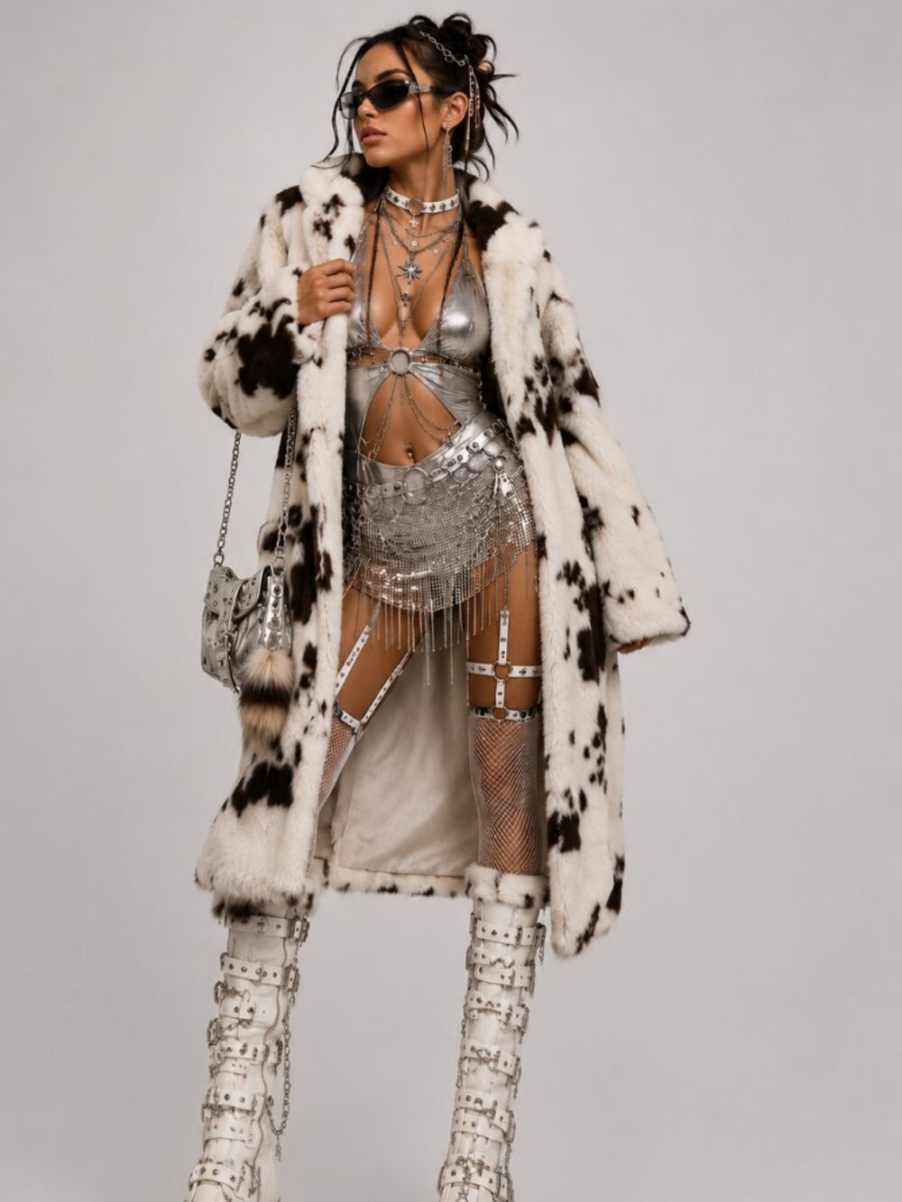 Cow Print Long Faux Fur Coat with Hoodie